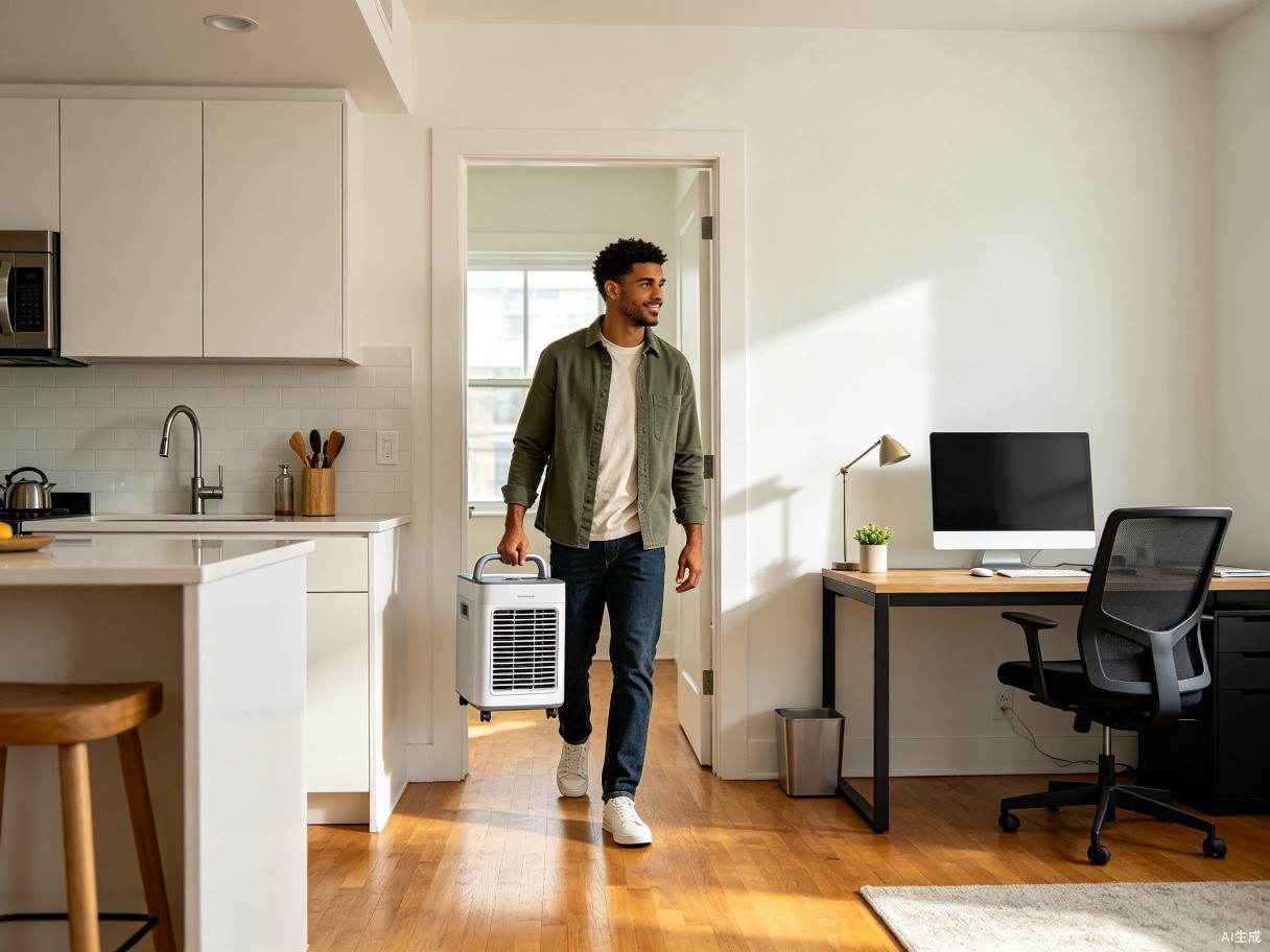 A person carrying CoolCove between rooms on its swivel casters