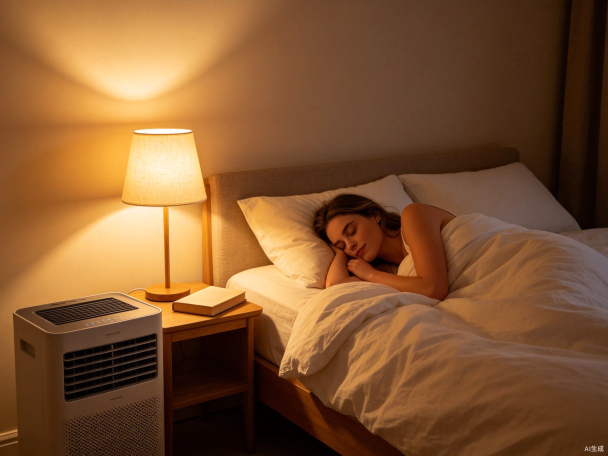A peaceful bedroom at night with CoolCove running softly in the corner