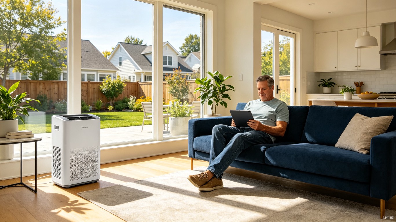 CoolCove portable air conditioner in a bright modern American living room